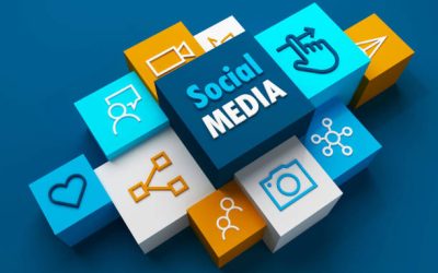 Perspective view of 3D render of SOCIAL MEDIA business concept with symbols on colorful cubes